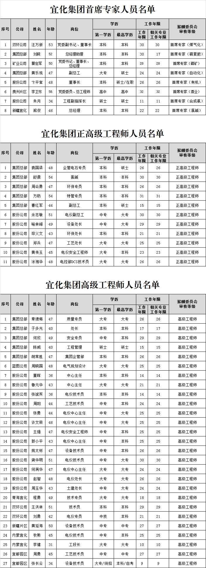 宜化集團首席專家、正高級工程師、高級工程師評審結果公示(圖1)