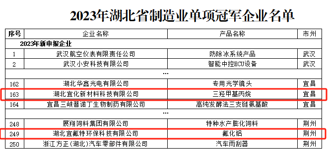 宜化新材料、宜氟特環(huán)保公司獲評(píng)2023年湖北省制造業(yè)單項(xiàng)冠軍企業(yè)(圖1)